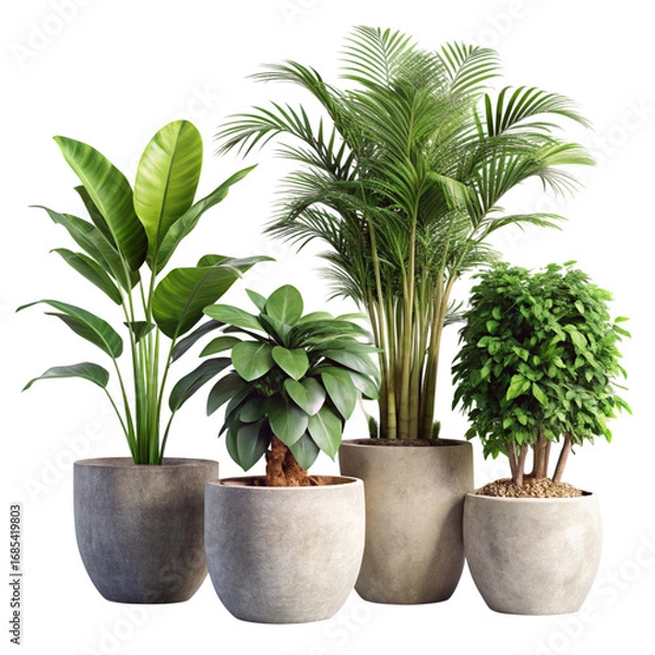 Fototapeta Diverse Potted Plants Collection on Transparent Background Bird of Paradise, Palm, Bush