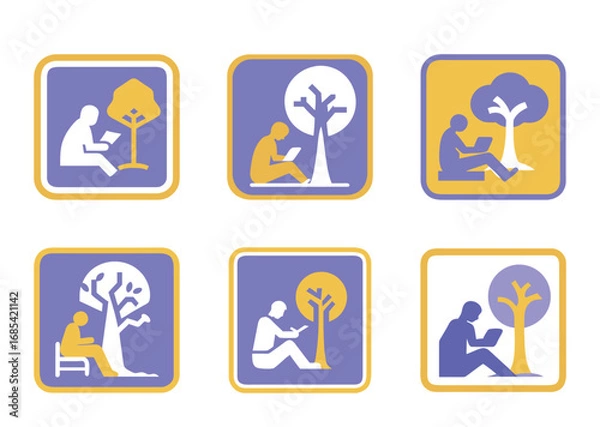 Obraz Icons depicting people reading or using tablets under trees in different styles