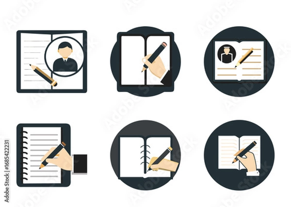 Obraz Various representations of the writing process through notebooks and writing tools