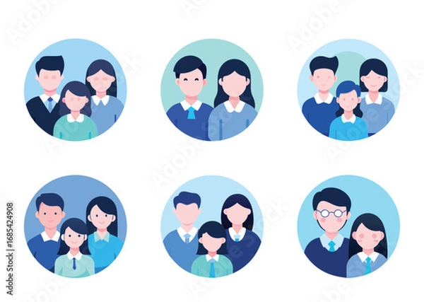 Obraz Diverse families in circular avatars, various styles and colors, happy families