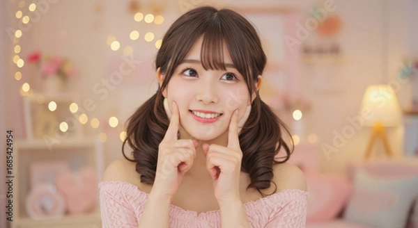 Obraz 両頬を指ではさんで微笑む可愛いツインテールの女性