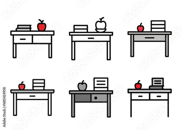 Fototapeta Stylized desks with apples and books icons for education or office themes