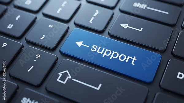 Fototapeta Close-up of a glowing blue support button on a modern computer keyboard for technical assistance