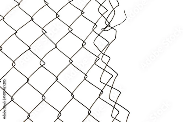 Fototapeta The texture of the metal mesh on a white background. Torn steel, metal mesh with holes