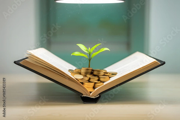 Fototapeta Open Book with Coins and Growing Plant Representing Financial Growth. AI Generated