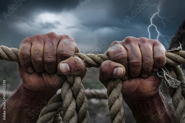 Fototapeta Strong Hands Grasping a Rope Against a Stormy Sky. AI Generated