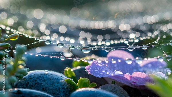 Fototapeta Dewdrops on a spiderweb, showcasing a delicate flower. AI Generated