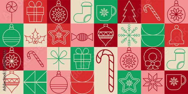 Fototapeta Christmas geometric seamless pattern with holiday icons. Modern minimal line art print. Contemporary abstract background for wrapping paper, background, wallpaper.