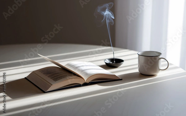 Fototapeta Open Book, Incense, and Coffee Cup: A Peaceful Reading Setting. AI Generated