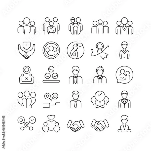 Fototapeta Collection of outline icons representing business and teamwork concepts like handshake, people, collaboration, and success, isolated on white background technology background