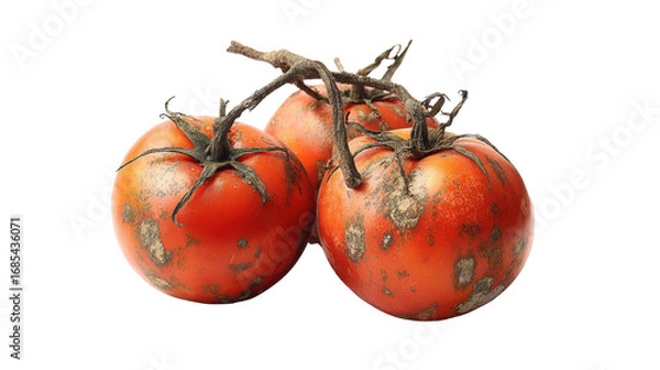 Fototapeta Three ripe tomatoes with blemishes on a white isolated background.