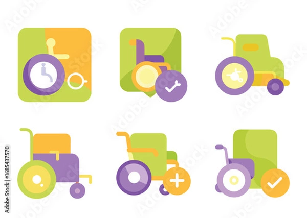 Obraz Set of stylized wheelchair icons in various states of repair and readiness
