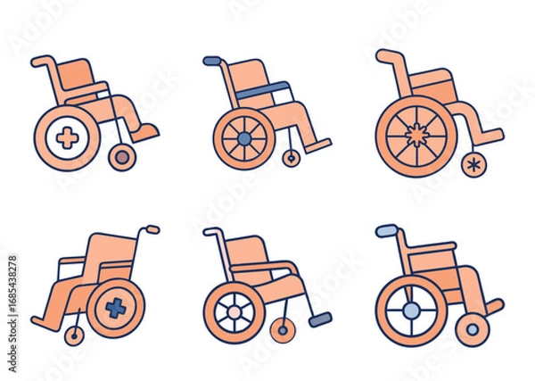 Fototapeta Collection of six different wheelchair illustrations for disabled people assistance and care