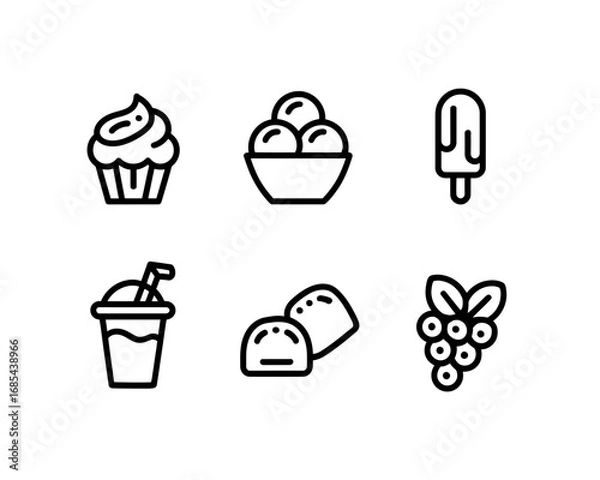 Fototapeta Set of six black and white line art icons representing delicious desserts and treats scalable vector graphics vector