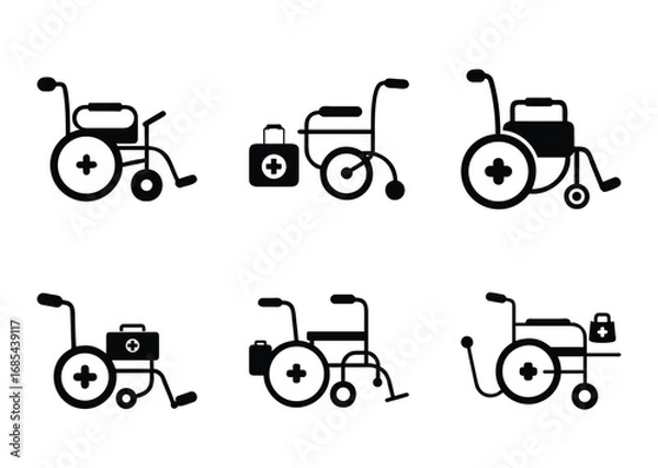 Obraz Variations of wheelchairs and first aid kits in black and white image