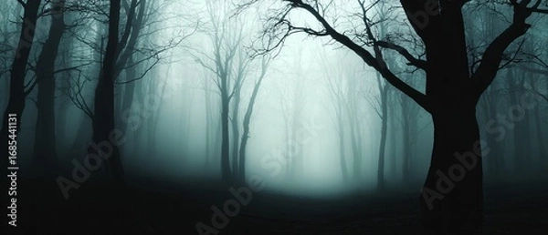 Fototapeta haunted forest banner, foggy background, creepy shadows, mystic foggy forest landscape with trees, spooky dark woodland in mist