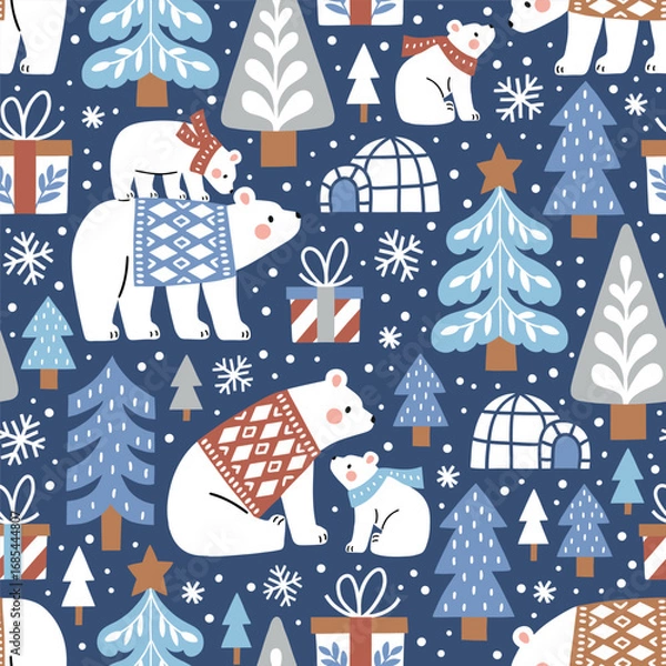 Fototapeta Seamless vector pattern with hand drawn polar bears in snowy winter woodland. Cute polar bears in warm clothes. Perfect for textile, wallpaper or nursery print design.