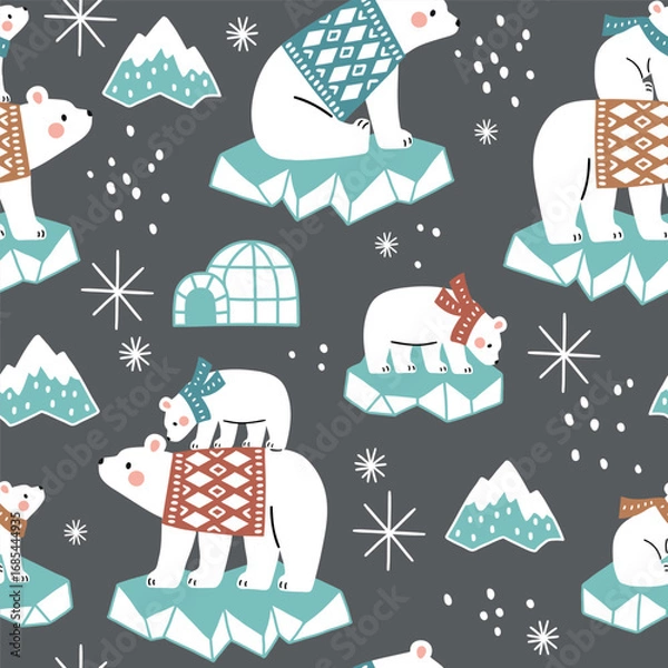 Fototapeta Seamless vector pattern with hand drawn polar bears on ice board. Cute polar bears in warm clothes. Perfect for textile, wallpaper or nursery print design.