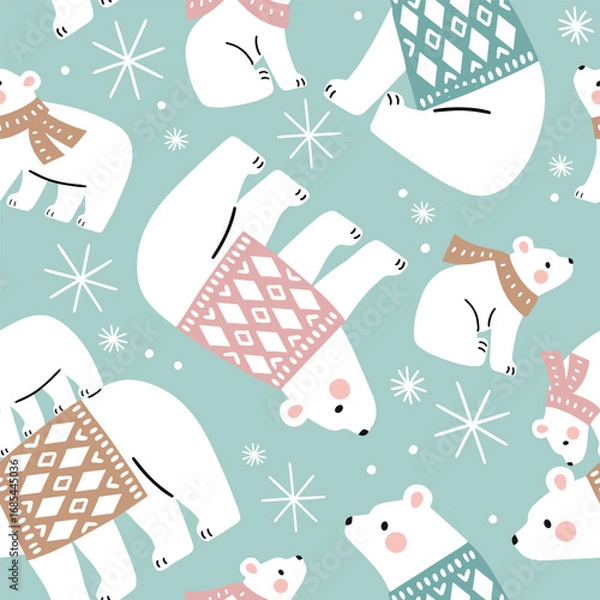 Fototapeta Seamless vector pattern with cute hand drawn polar bears in winter clothes. Perfect for textile, wallpaper or nursery print design.