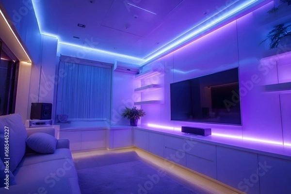 Fototapeta Purple LED lights on a white wall with a TV and shelves, 
