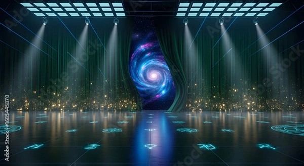 Obraz A stage set reveals a swirling galaxy behind parted green curtains.  Glowing symbols adorn the floor, illuminated by spotlights.  A scene of cosmic mystery and spectacle.