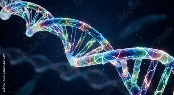 Obraz A close-up digital rendering of a DNA double helix, glowing with vibrant, iridescent colors against a dark background.  Intricate details and energy-like strands are visible.