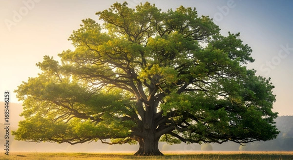 Obraz A solitary, ancient oak tree stands majestically in a sunlit field, its branches reaching towards a hazy dawn sky.  The scene evokes peace and serenity.
