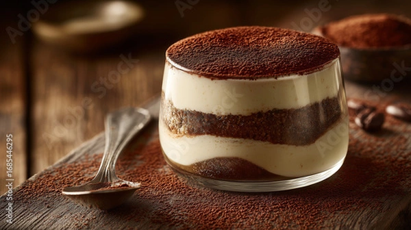 Fototapeta Tiramisu in glass container with cocoa dusting, spoon beside