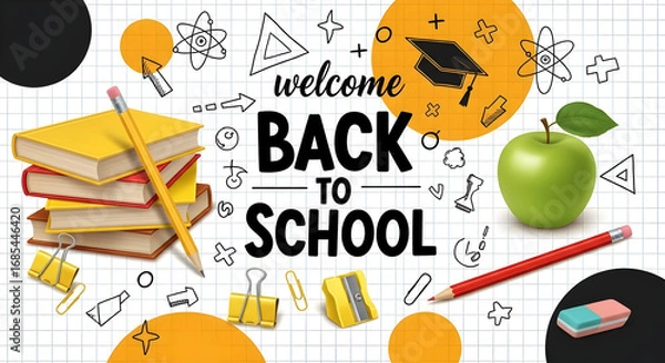 Obraz A vibrant back-to-school image featuring books, pencils, an apple, and playful doodles on notebook paper.  It's a cheerful welcome to the new academic year.