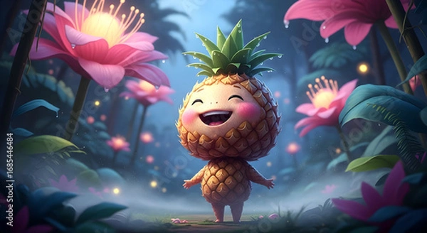 Obraz A cheerful, pineapple-like creature stands amidst glowing pink flowers and fireflies in a lush, mystical forest. Dewdrops adorn the scene, adding to its enchanting atmosphere.