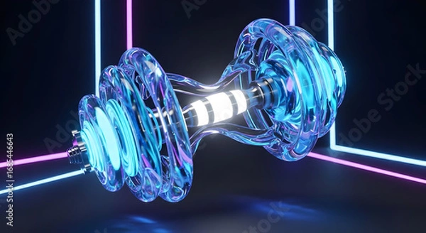 Obraz A 3D rendering showcases a futuristic glass dumbbell, illuminated by vibrant neon lights. Its swirling, translucent design contrasts sharply with the sleek metal accents, creating a striking visual.