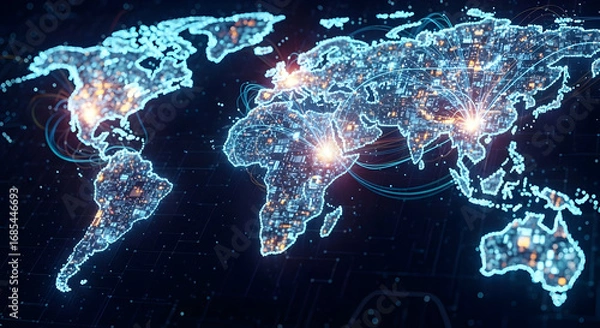 Obraz A stylized digital map of the world showcases interconnected global networks, vibrant nodes representing major hubs, and glowing lines illustrating data flow.