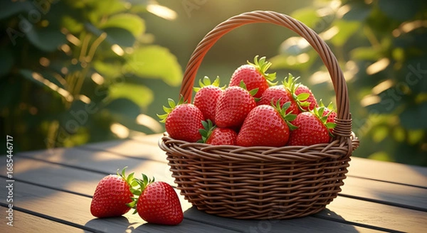 Obraz A wicker basket brimming with ripe, red strawberries sits on a wooden table, bathed in warm sunlight. A few more strawberries rest beside the basket, creating a vibrant summer scene.