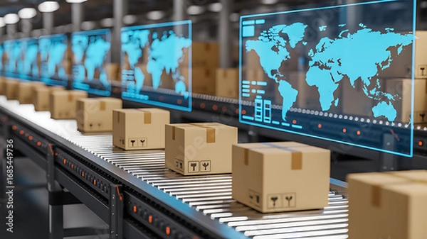 Fototapeta Automated logistics warehouse with digital displays tracking global shipments and packages on a conveyor belt