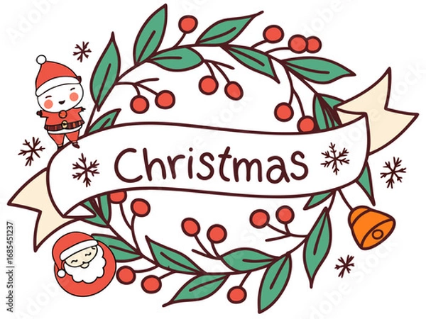 Fototapeta Festive Christmas Wreath Border Design for Holiday Projects , A charming, hand-drawn Christmas wreath graphic, perfect for invitations, cards, or social media posts.