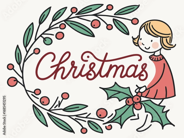 Fototapeta Festive Christmas Wreath Border Design for Holiday Projects , A charming, hand-drawn Christmas wreath graphic, perfect for invitations, cards, or social media posts.