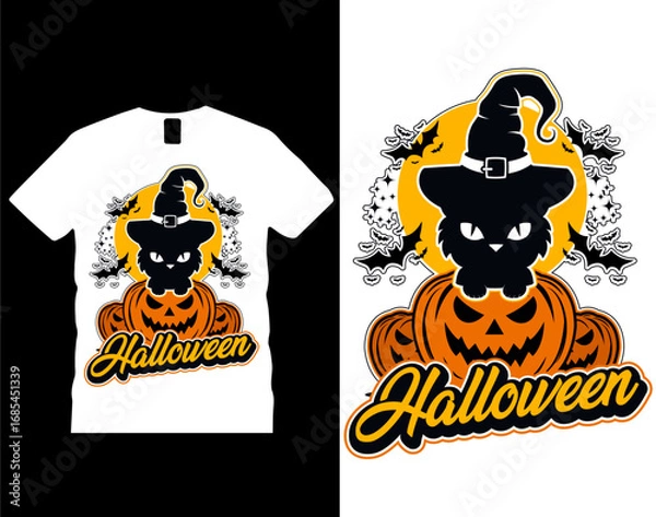 Fototapeta Halloween t-shirt design.  Black witch cat on pumpkins with moon bats and stars with halloween text. vector illustration. Graphic halloween vector clothing design. Print on demand.ai