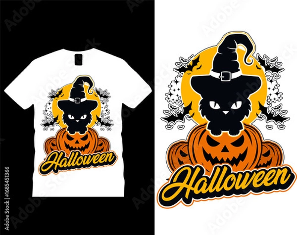Fototapeta Halloween t-shirt design. Black witch cat on pumpkins with moon bats and stars with halloween text. vector illustration. Graphic halloween vector clothing design. Print on demand.