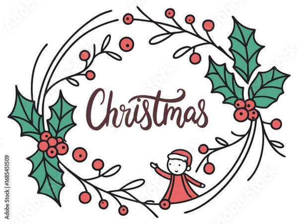 Fototapeta Festive Christmas Wreath Border Design for Holiday Projects , A charming, hand-drawn Christmas wreath graphic, perfect for invitations, cards, or social media posts.
