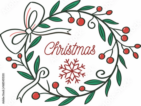 Fototapeta Festive Christmas Wreath Border Design for Holiday Projects , A charming, hand-drawn Christmas wreath graphic, perfect for invitations, cards, or social media posts.