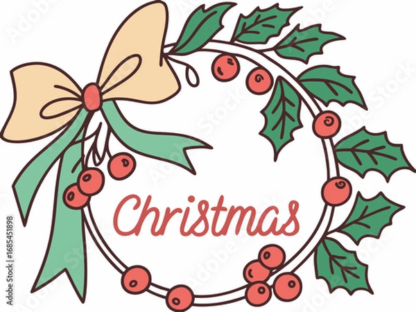 Fototapeta Festive Christmas Wreath Border Design for Holiday Projects , A charming, hand-drawn Christmas wreath graphic, perfect for invitations, cards, or social media posts.