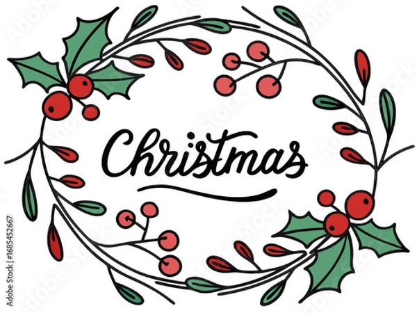 Fototapeta Festive Christmas Wreath Border Design for Holiday Projects , A charming, hand-drawn Christmas wreath graphic, perfect for invitations, cards, or social media posts.