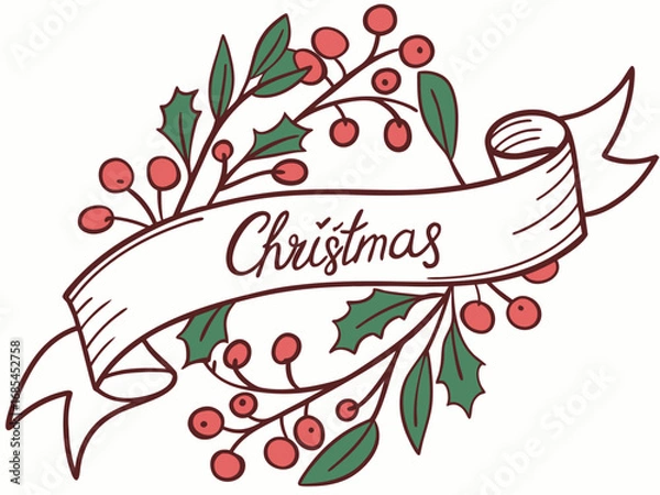 Fototapeta Festive Christmas Wreath Border Design for Holiday Projects , A charming, hand-drawn Christmas wreath graphic, perfect for invitations, cards, or social media posts.