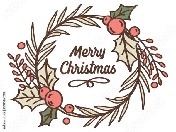 Fototapeta Festive Christmas Wreath Border Design for Holiday Projects , A charming, hand-drawn Christmas wreath graphic, perfect for invitations, cards, or social media posts.