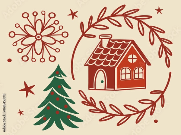 Fototapeta Festive Christmas Wreath Border Design for Holiday Projects , A charming, hand-drawn Christmas wreath graphic, perfect for invitations, cards, or social media posts.