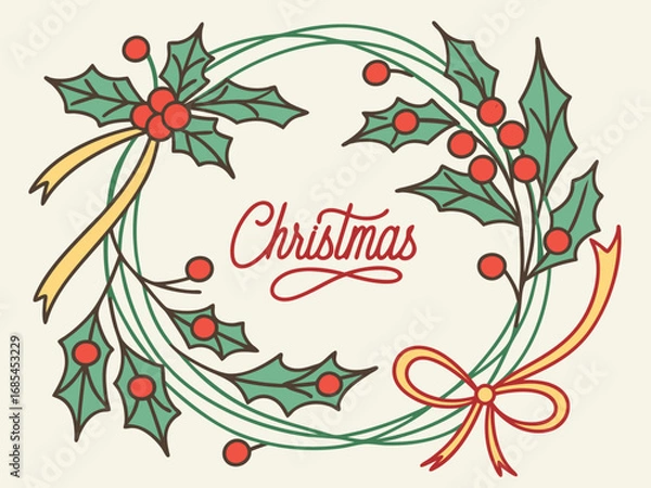 Fototapeta Festive Christmas Wreath Border Design for Holiday Projects , A charming, hand-drawn Christmas wreath graphic, perfect for invitations, cards, or social media posts.