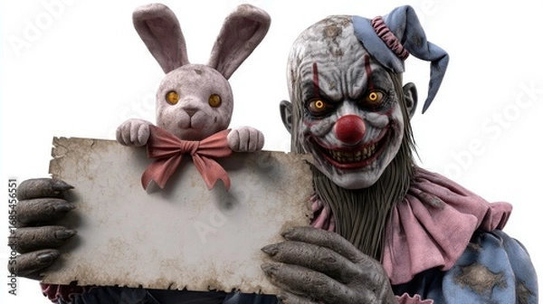 Fototapeta A sinister clown holds a sign and a stuffed bunny, creating a chilling contrast between the playful toy and the clown's eerie expression, Halloween clipart isolated on white background