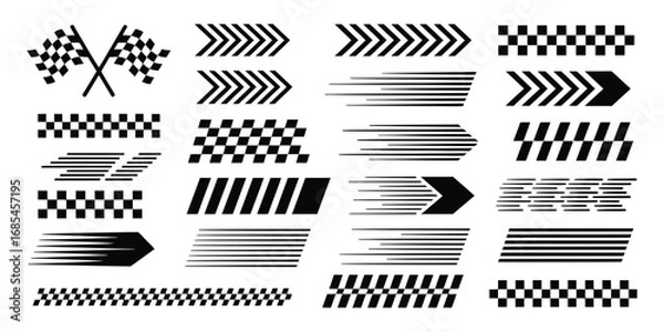 Fototapeta Race Car Stripes and Motorsports Vector Set – Includes Checkered Flags, Finish Line Elements, Dynamic Racing Lines, Motocross Labels, Speed Graphics, and Competition-Themed Design Assets