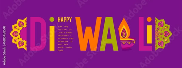 Fototapeta Diwali colorful typography with Diya lamp and mandala decoration on purple background, festive design for Happy Diwali celebration greeting card and banner. Vector illustration