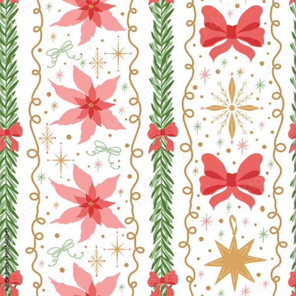 Fototapeta Christmas striped seamless patterns decorated garland, bows, flowers, stars, fir branches. Vector festive repeat background, New year print, cute winter holiday gift paper, wallpaper, textile design.